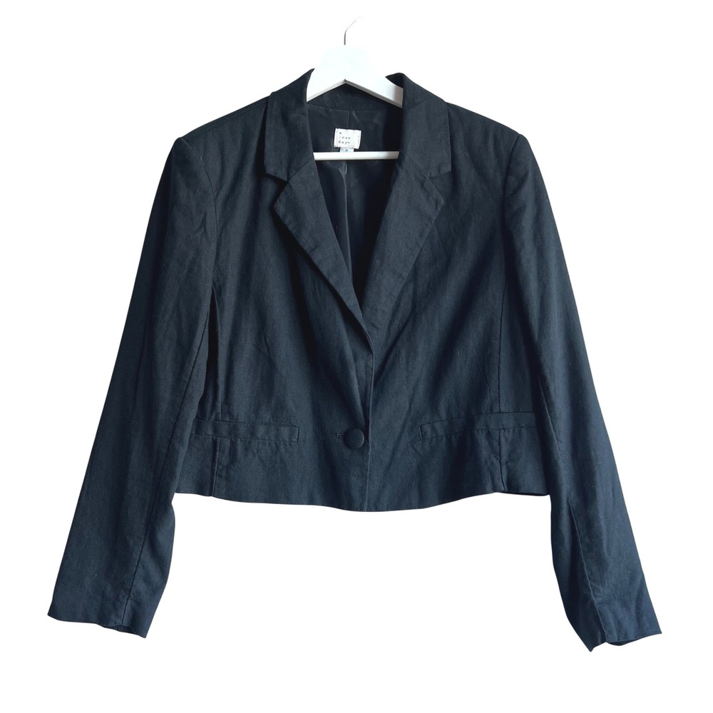 A New Day Womens Black Linen Blend Cropped Single Button Blazer Jacket Size M